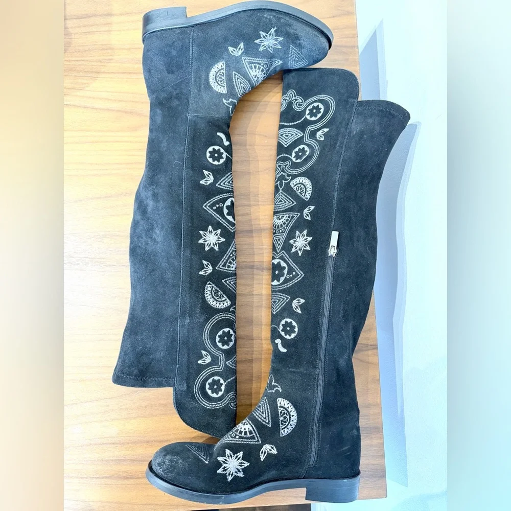 Sundance Suede Black Embroidered OTK tall boots